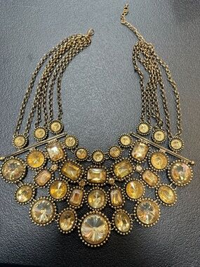 Gold-Tone Statement Bib Necklace with Amber Crystals